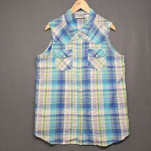 Back In The Saddle Womens Top XL Blue Plaid Sleeveless Western Pearl Snap Cotton